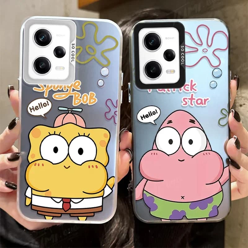 Plating Phone Case For Xiaomi Redmi Note 13 12 11 Pro Plus 10 9 Pro Max 12S 11S 10S 9S 12C 13C Cartoon Cute SpongeBobs Back Capa