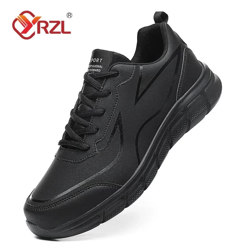 YRZL Black Running Shoes Leather Waterproof Athletic Sneakers Men Wear-resistant Men Walking Sport Shoes Comfortable Men Shoes