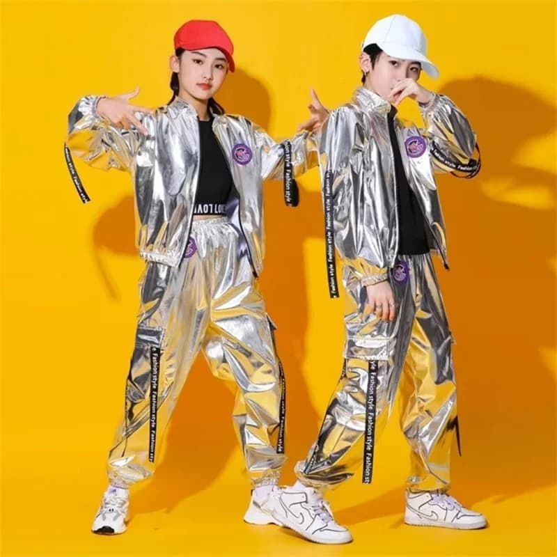 Hip Hop Boys Silver Jacket Girls Jazz Jogger Pants Street Dance Mini Skirt Clothes Sets Kids Sequin Costumes Child Streetwear