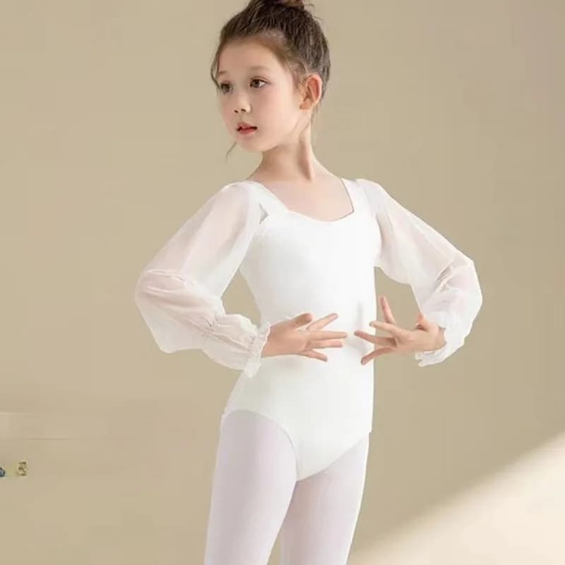 Spring Cute Child Baby Ballet Long Sleeve Leotard Dancewear Mesh Sleeve White Gym Dance Bodysuit Tops Girls Dancer Costumes