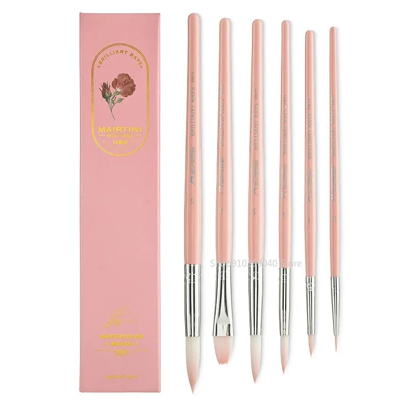 Mairtini Light Series Watercolor Brush Pink 6pcs Set Nylon Hair Flat/round Head Hook Pen Gouache Painting Brush Art Supplies
