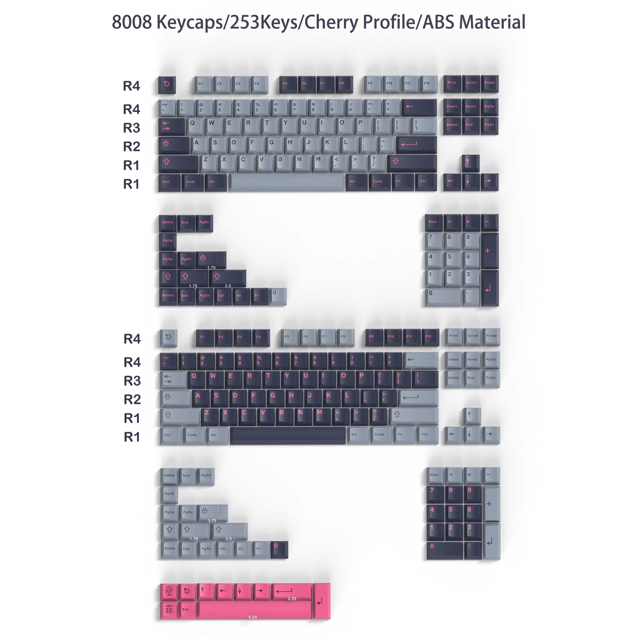253 Keys 8008 Minimalist Cherry Profile Keycaps Custom Double Shot ABS Keycaps for Gateron MX Switches Mechanical Gamer Keyboard