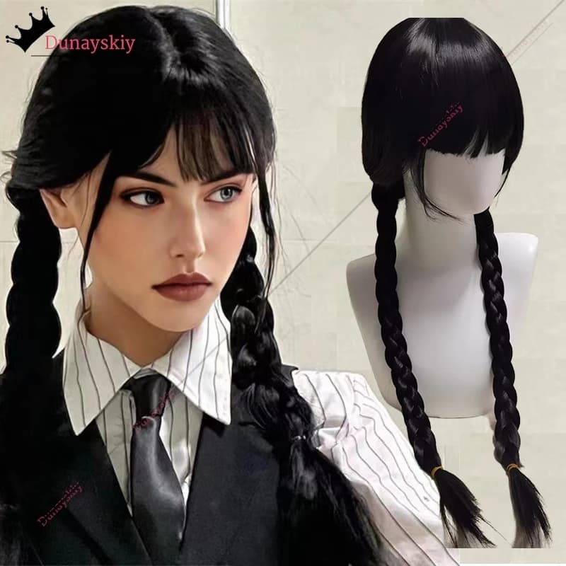Wednesday-Addams Cosplay Wig Heat Resistant Long Black Double Braids Silky Straight Synthetic WIG with Bangs For Halloween Party