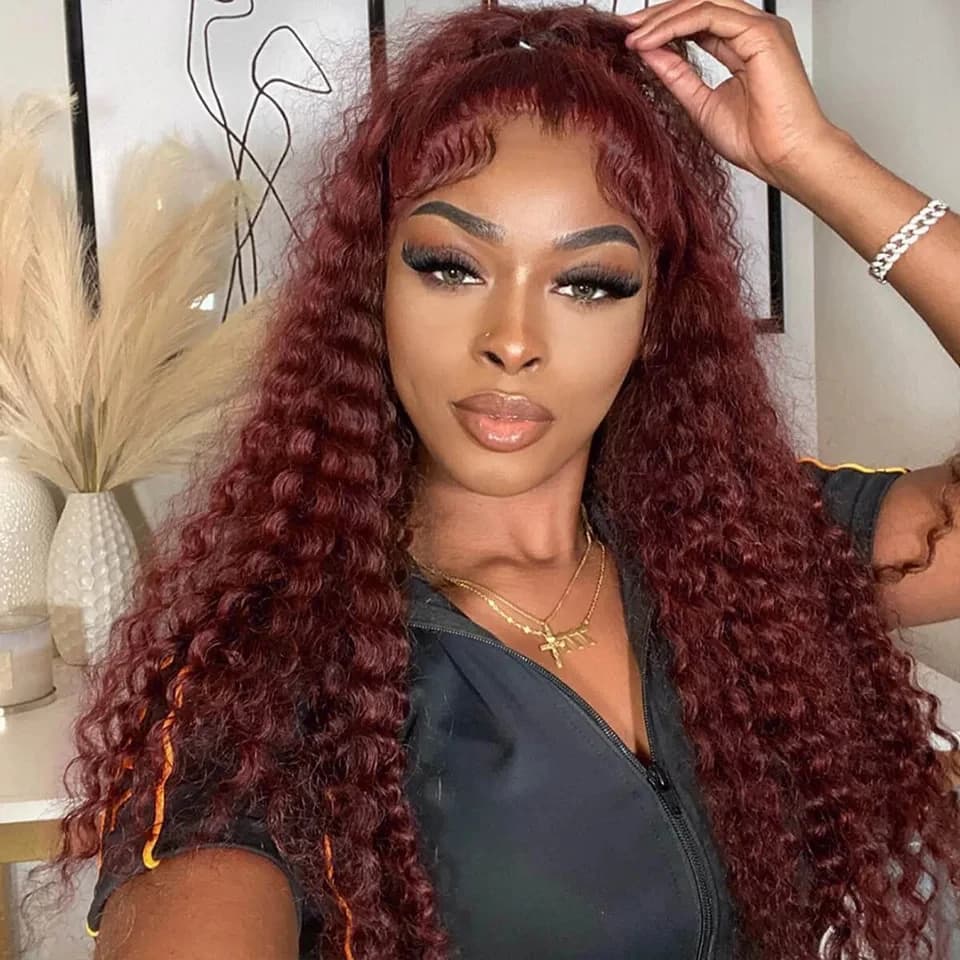 Zlike Reddish Brown Glueless Wig Human Hair Deep Wave 13x4 Lace Frontal Wigs Remy Curly Hair 250% High Density Natural Hairline