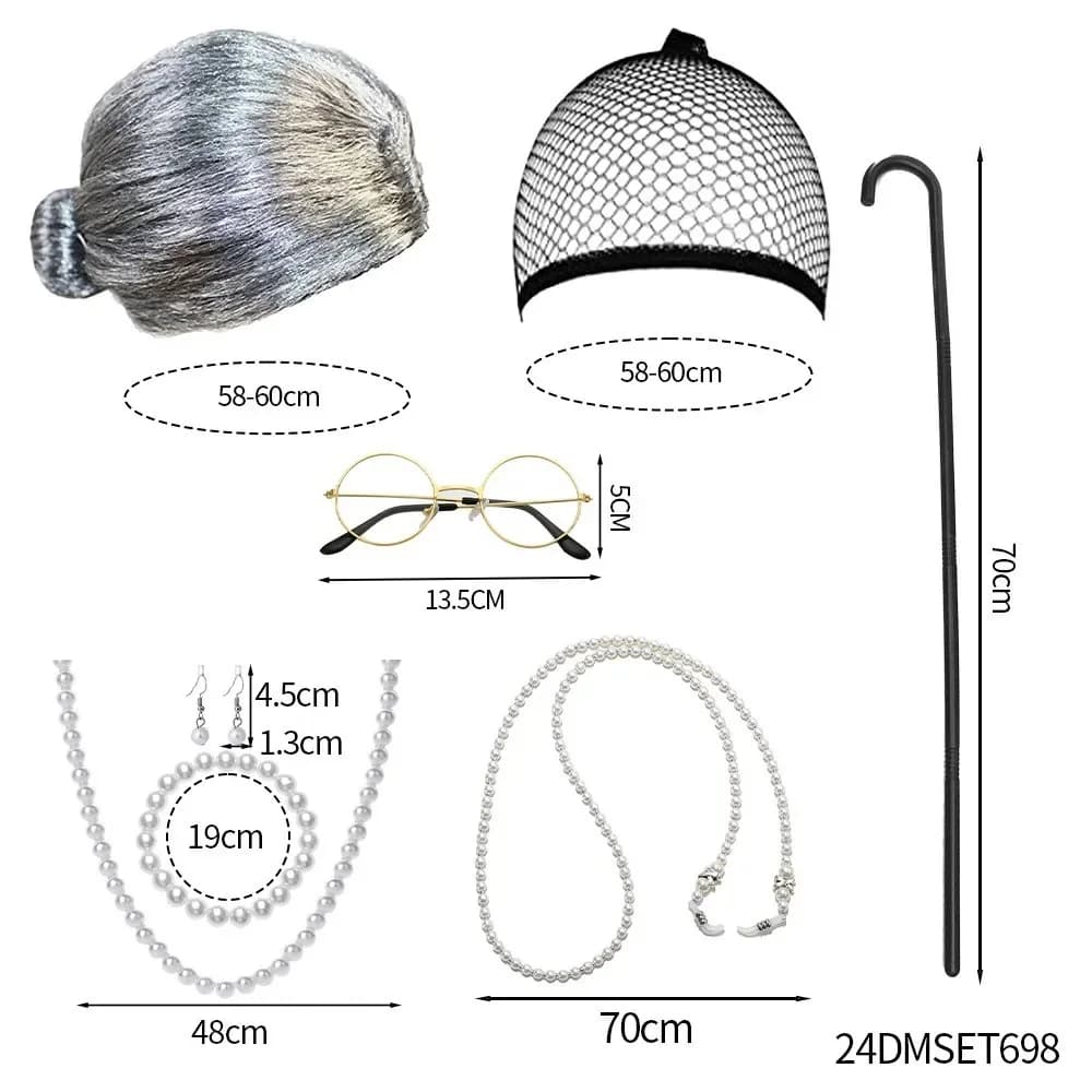 PESENAR Grandma Cosplay wig set Grandma Costume Hat Glasses Glasses Retainer Chain Pearl necklace Halloween party wig