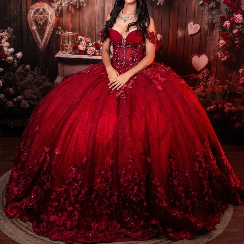 Red Shiny Quinceanera Dresses Off The Shoulder Butterfly Beads Crystal Tull Sweet 16 Dress Vestidos De 15 Anos Formal Birthday