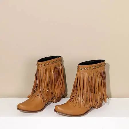 Western Cowboy Tassel Fringes Boots For Women 2024 Slip On Square Heels Cowgirl Riding Retro Women's Ankle Shoes