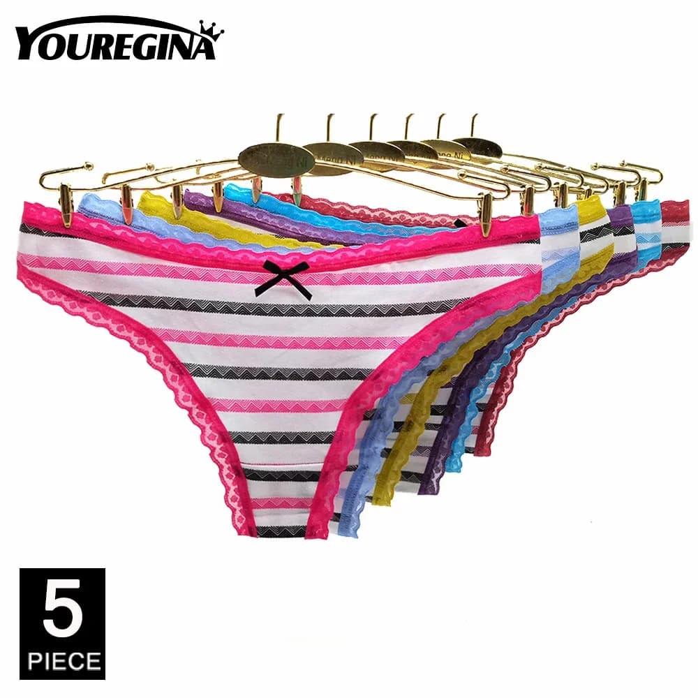 Sexy Thongs Cotton Basic Underwear Women Low Waisted Striped Lace T-back G-strings Panties Ladies Knickers 5 pcs/Lot