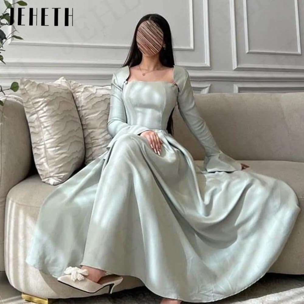 JEHETH Dubai Long Sleeves Evening Dress Green Simple A Line Formal Occasion Dresses Women Square Collar Ankle Length فساتين سهرة