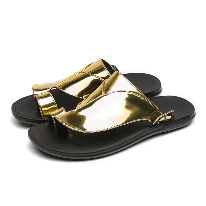 2024 Luxury Gold Flip flops Man Metallic Leather Sandals Men Open-toe Slippers Comfort Outdoor Sandals For Men chanclas hombre