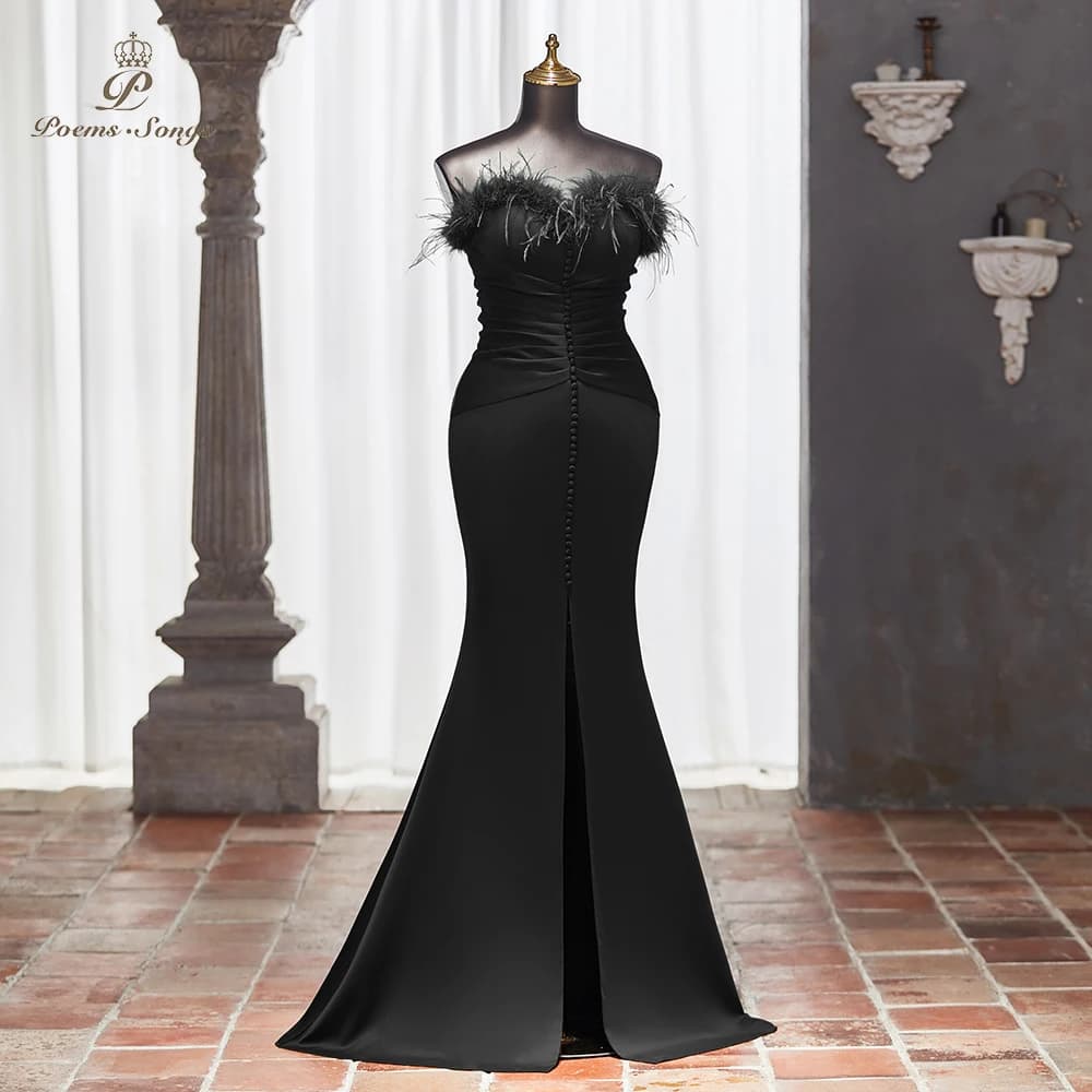 Customized Elegant Black Off-Shoulder Evening Dress with Feather Embellishments, Figure-Hugging Design vestidos de fiesta