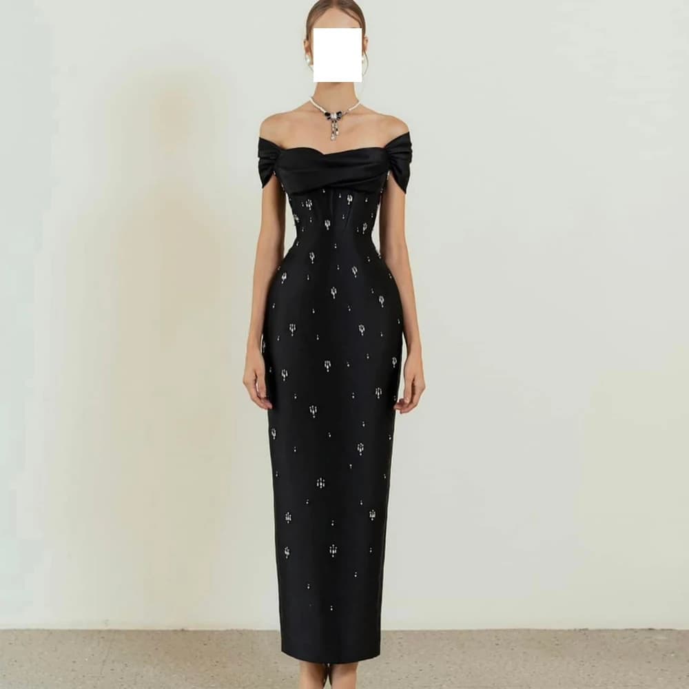 Customized Formal Crystal Satin Off the Shoulder Evening Dress Temperament Strapless Straight Short Sleeves Celebrity Gowns