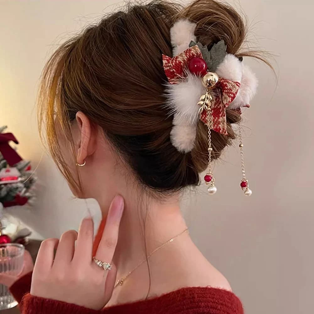 Plush Xmas Hair Claws Bowknot Pearl Chain Pendant Hairpin Christmas Female Back Head Grab Clip Large Crab Clip Hair Accessories