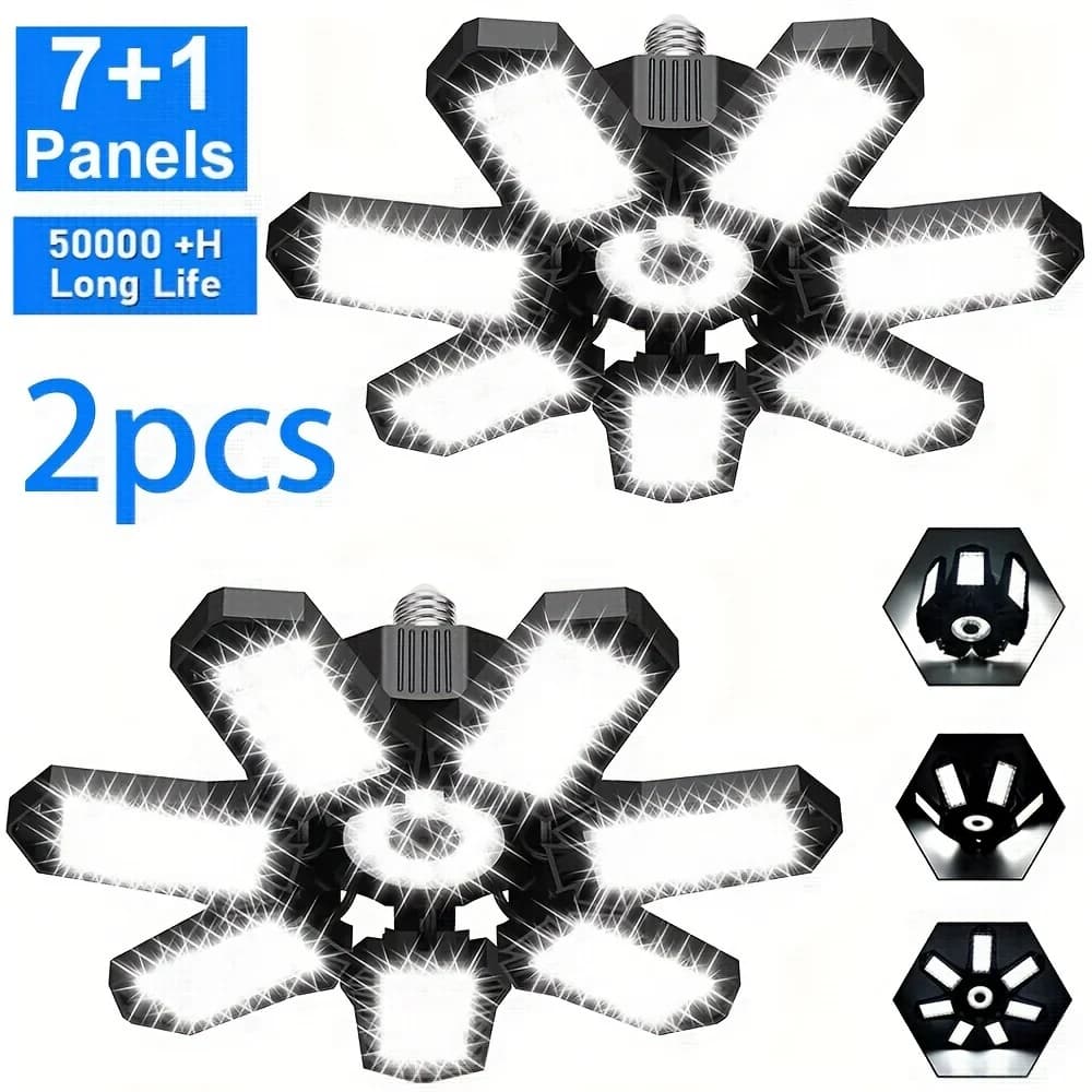 1/2 Packs Deformable LED Garage Lights Bulb with 7+1 Adjustable Panels E26/E27 LED Bulb Ceiling Lighting for Workshop Garage Lam