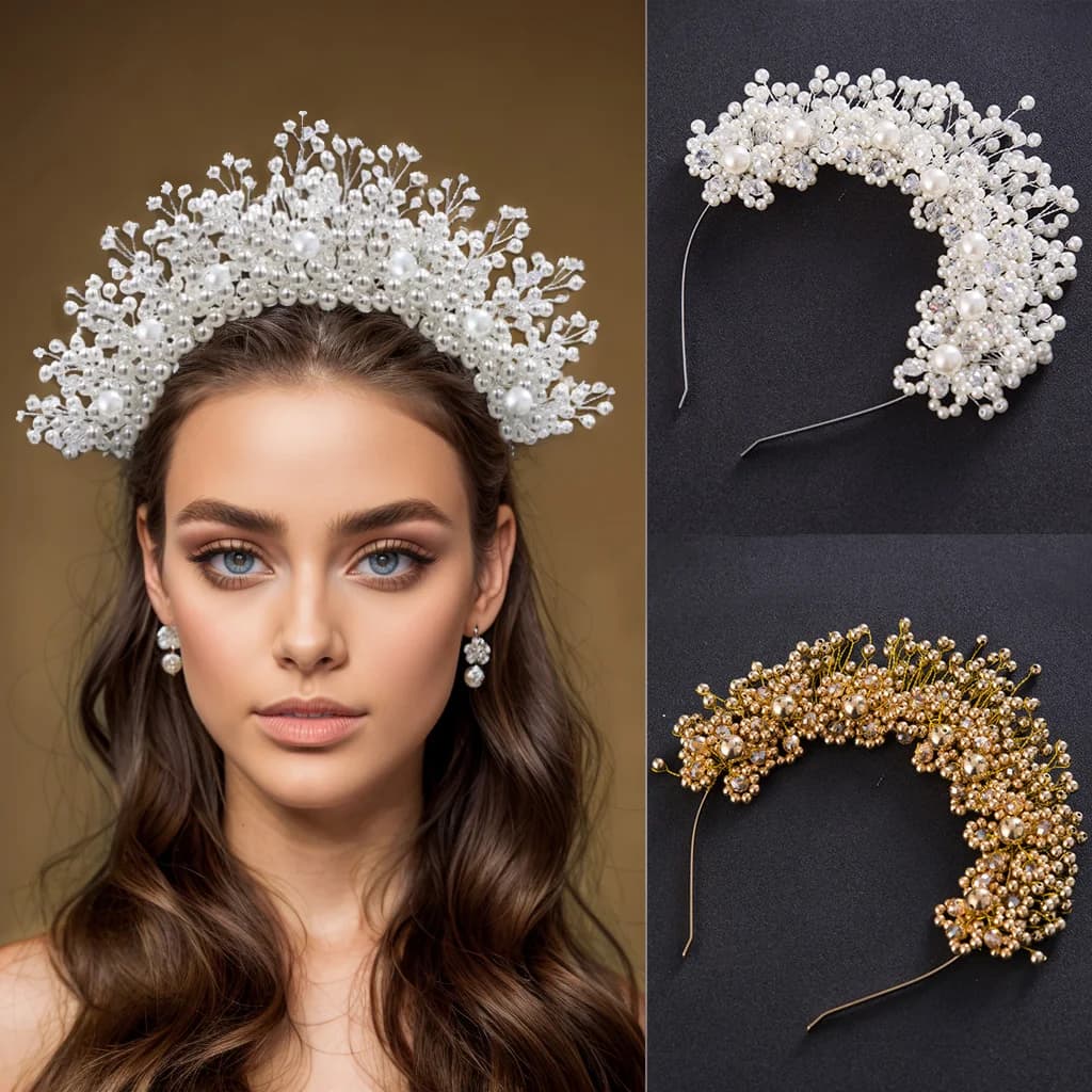White Pearl Bridal Headband Women Handmade Wedding Headband Crown Fashion Party Hair Accessories Diamonds Bridesmaid Tiaras