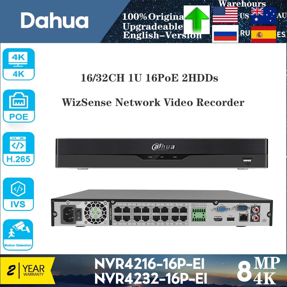 Original Dahua NVR4232-16P-EI 32 Channel Network Video Recorder 16PoE Mobile Phone Access H.265+ Face Recognition SMD Plus NVR