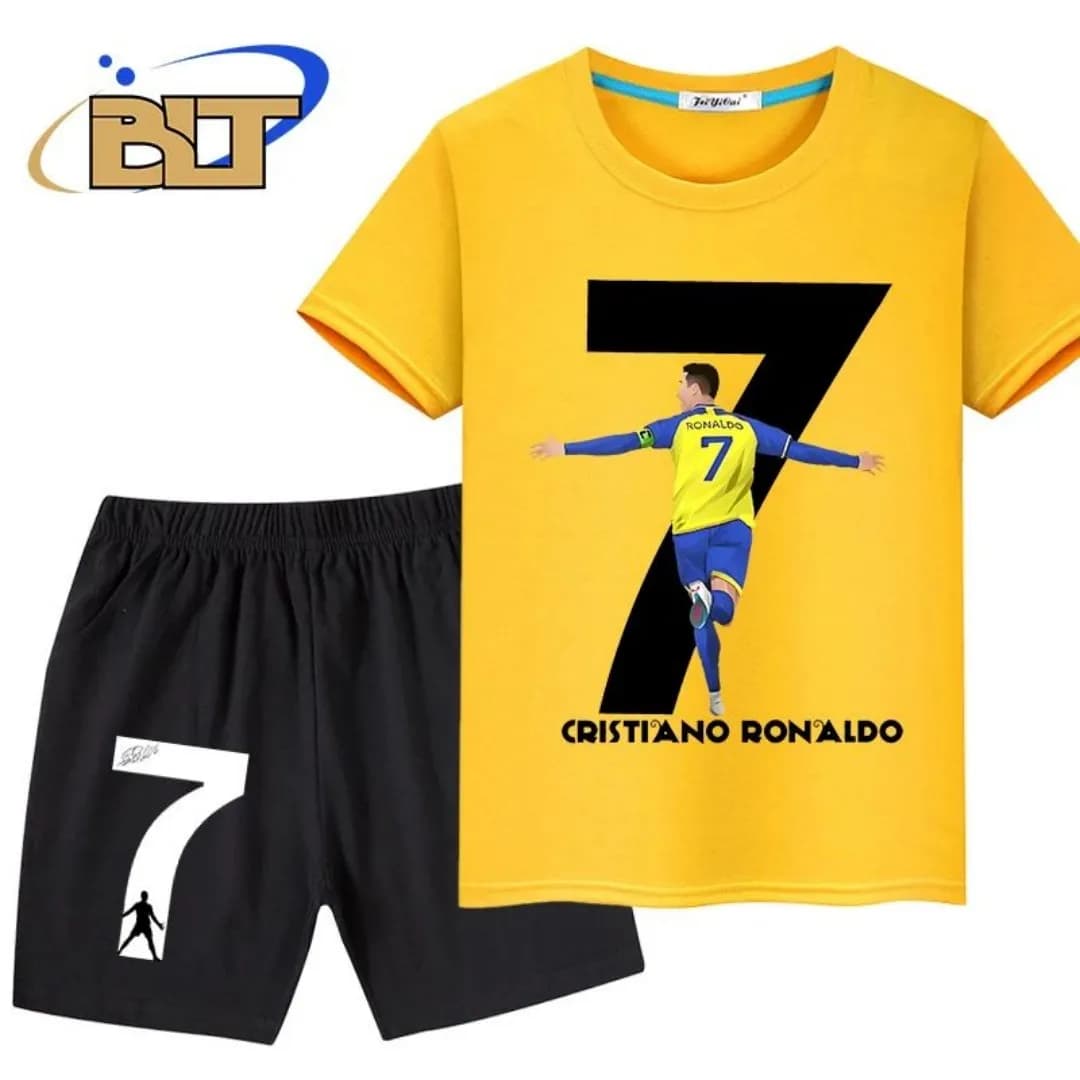 2025 Summer Ronaldo 3D Printed Summer Children's T-shirt Two piece Sports Shorts Set Suitable for Men and Women Comfortable, Sof