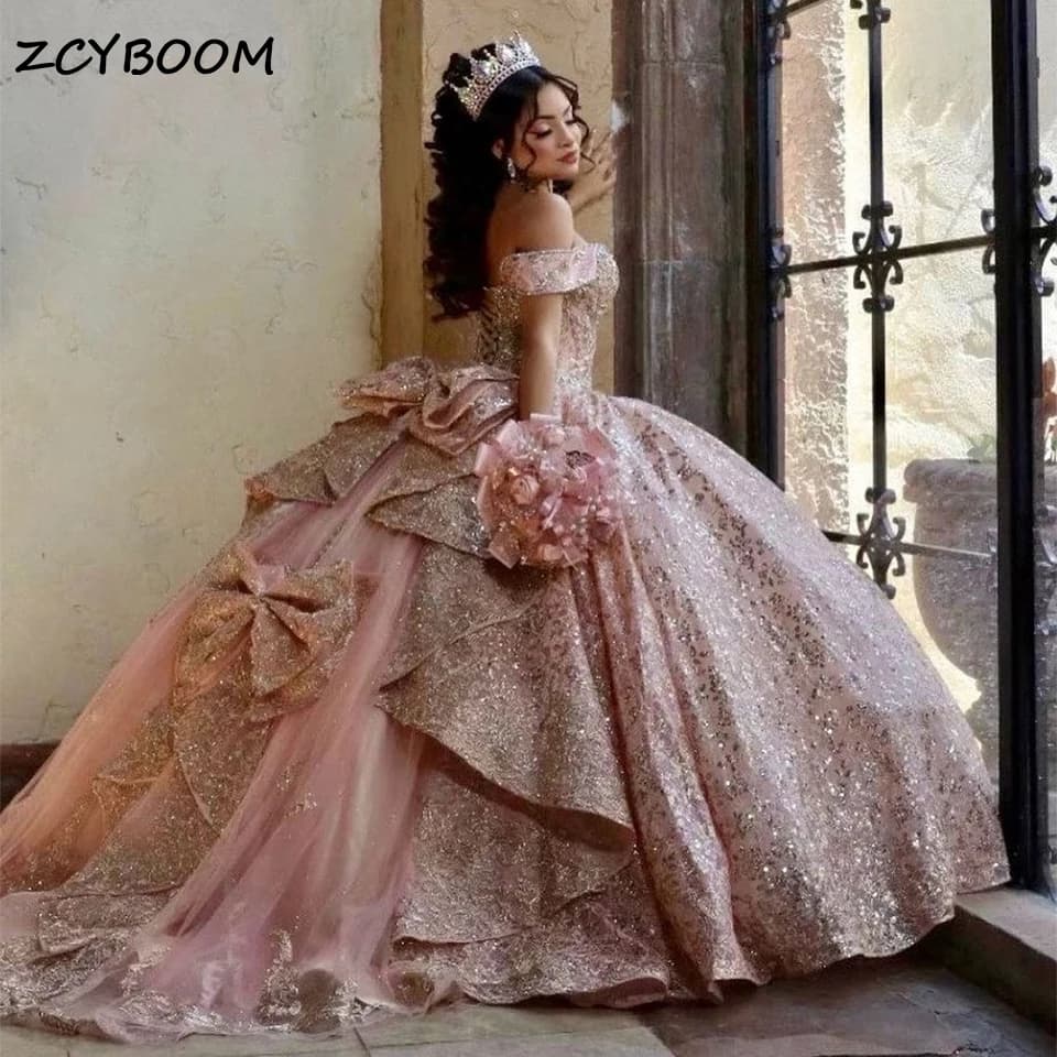 Customized Sparkly Rose Gold Ball Gown Quinceanera Dress With Bow 2025 Sweetheart Applique Bead Party 15 Vestidos De 15 Años