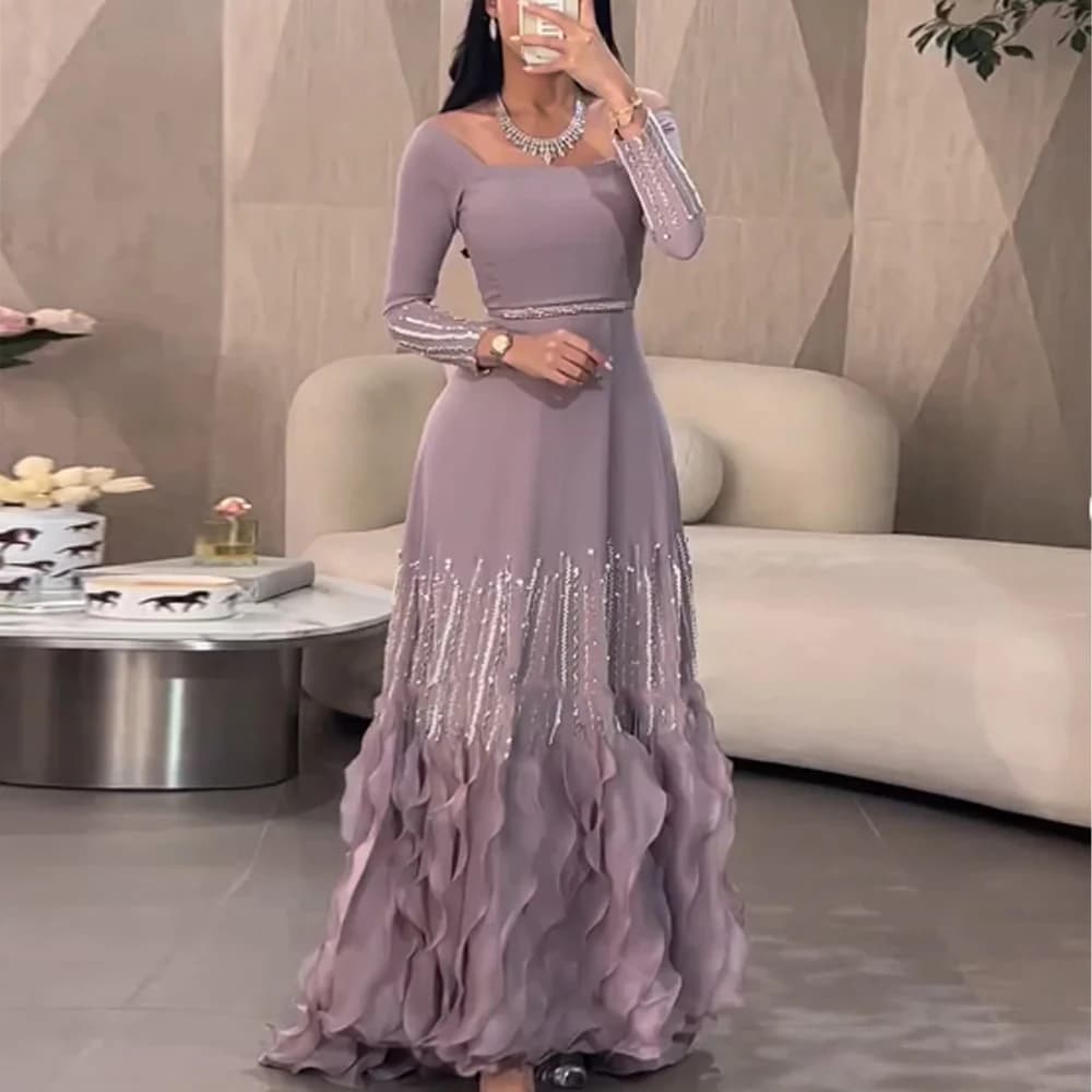 Customized Prom Dresses Retro Exquisite Fashion Jersey Tassel Pleat Beading Ball Square Neck Long Dresses