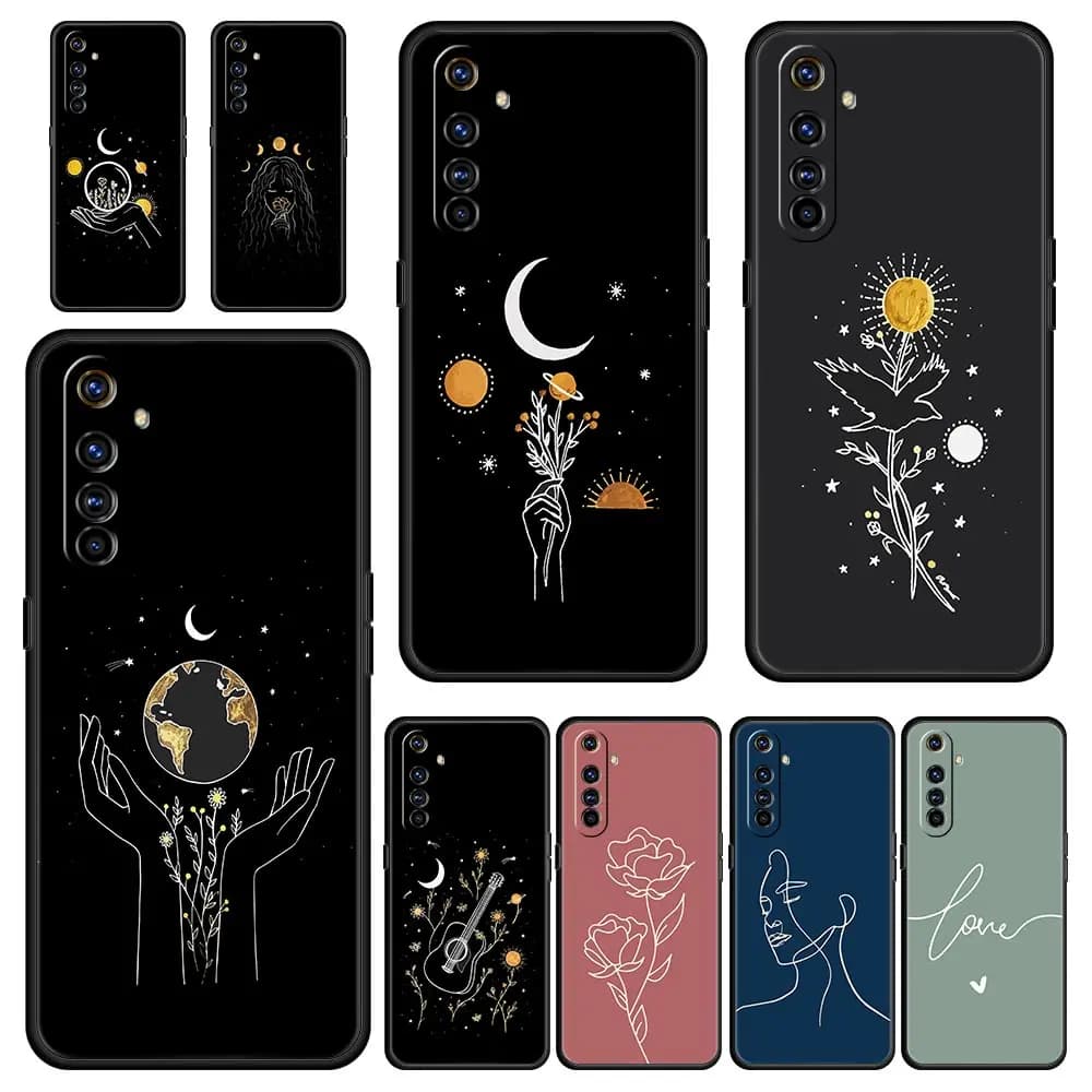 Phone Case For Realme 12 11 10 9 8 5G 7 GT5 GT3 GT2 Pro Plus C21 C11 C25 C35 GT Neo 2 3 3T 5 Cover Simplicity line Art sun moon