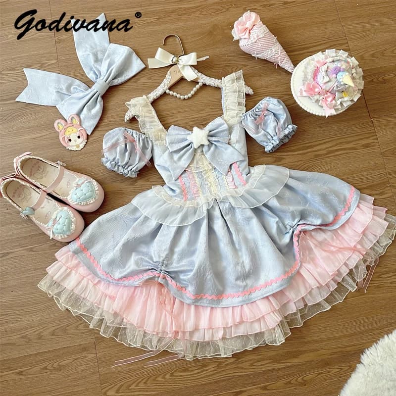 Original Lolita Dress Cute Jsk Suspender Dress Women Girls Spring Summer Sweet Bow Puffy Short Dress