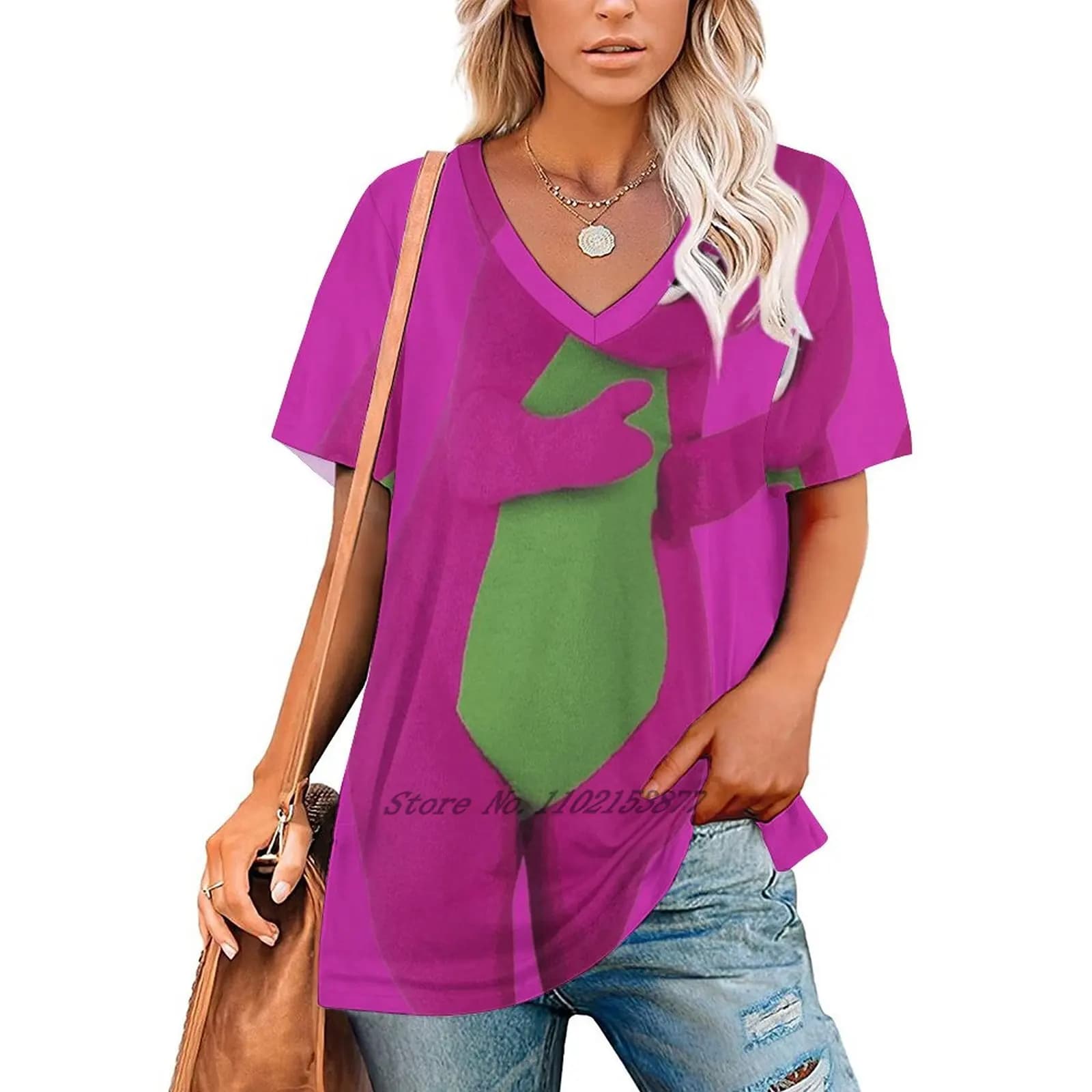 Barney Women's Clothing V-Neck Tops Zipper Tee Ladies Casual Sexy T-Shirt Barney Barney The Dinosaur Barney Dinosaur Barney And