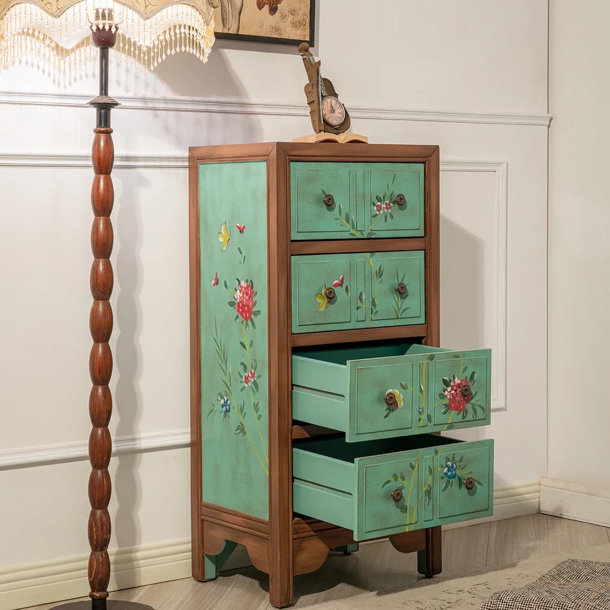 American retro painted furniture, green chest, retro living room locker, storage cabinet, bedroom bedside cabinet