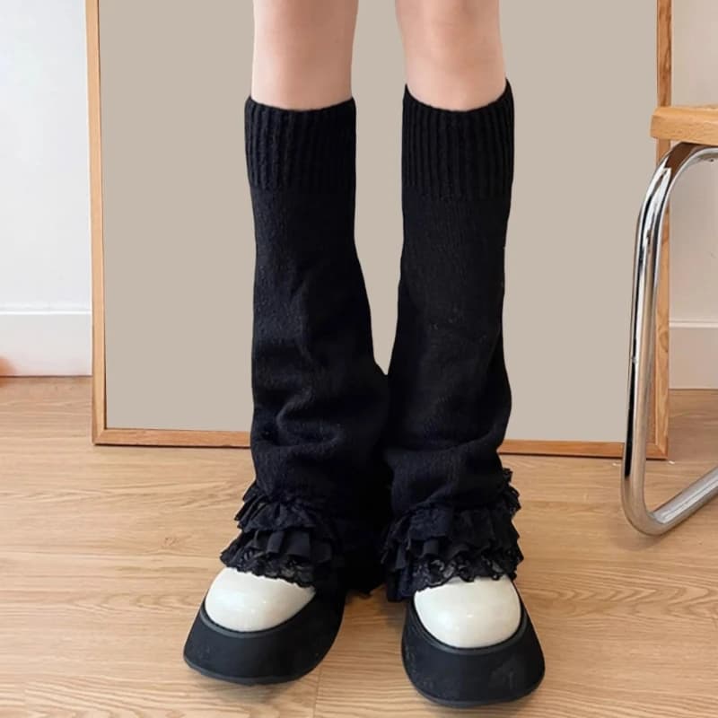 Knit Flared Leg Warmers Calf Socks Japanese JK Women Sweet Layered Ruffled Lace Trim Boot Cuffs Foot Covers Stockings