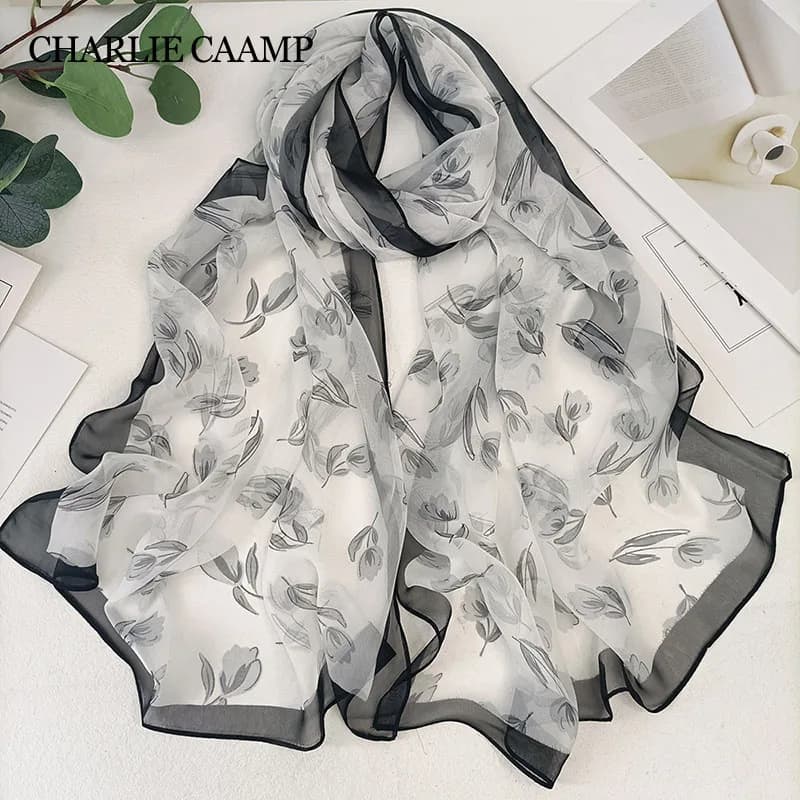 Magnolia Flower Silk Scarf Women Summer Chiffon Georgette Fashion High-Grade Travel Sunscreen Thin Hijab Headband Shawl Mom Gift