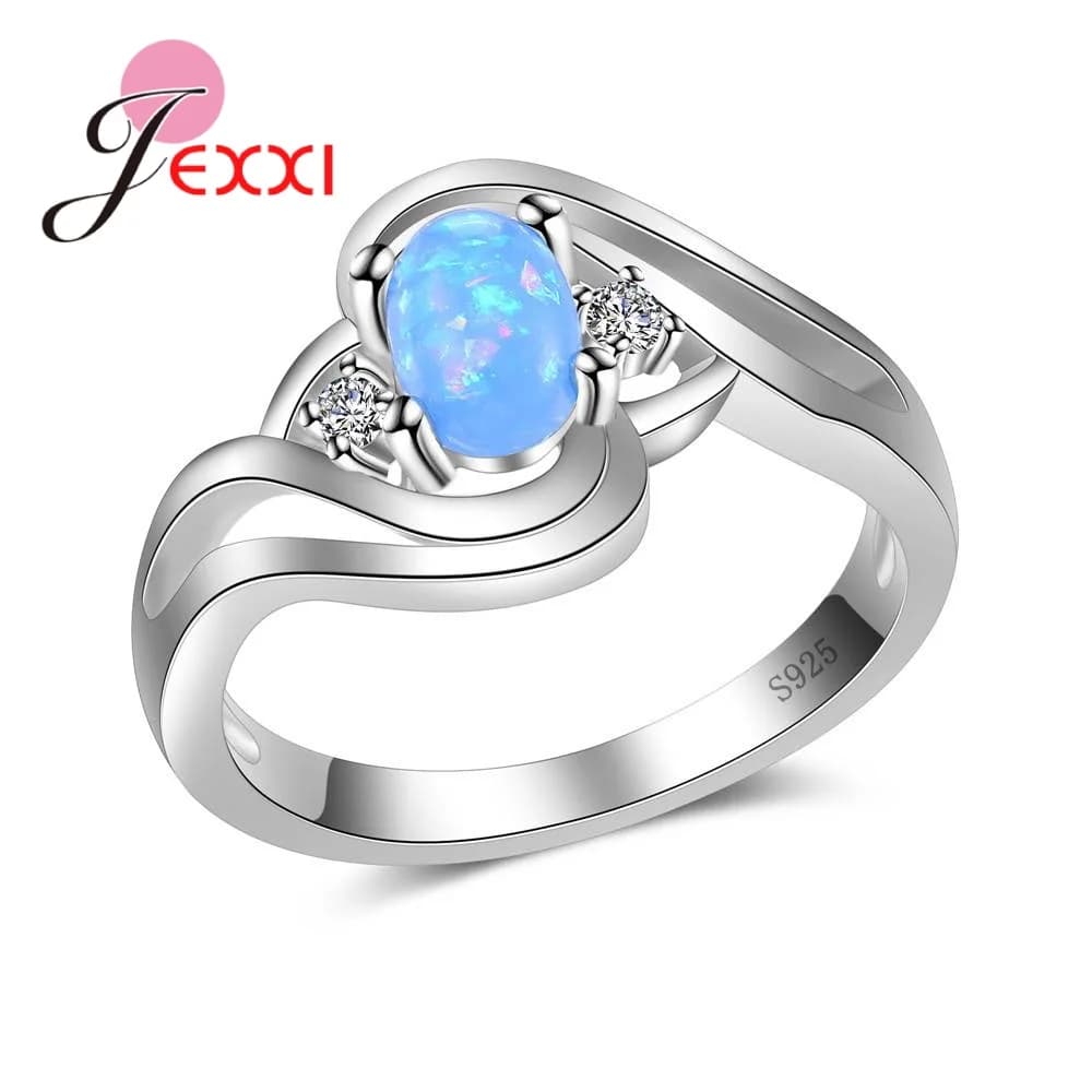 Spiral Mystic Oval Shaped Blue Opal Stones Paved Wedding Rings 925 Sterling Silver Anel Charms Accessories Drop Shipping
