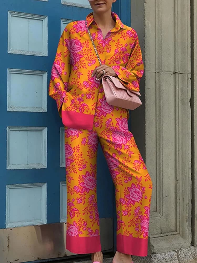 2024 Spring New Loose Vintage Printed Pajamas Set Loungewear Sleepwear for Women 2 Pieces Long Sleeve Big Size Pyjama Tracksuit