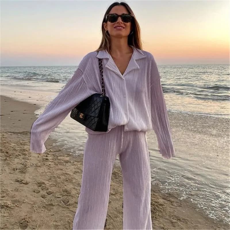 Fashion Pleated Design Shirt Set Women Long Sleeves Straight Trousers Loose Pant Sets 2 Pieces Women's Casual Solid Set Clothing