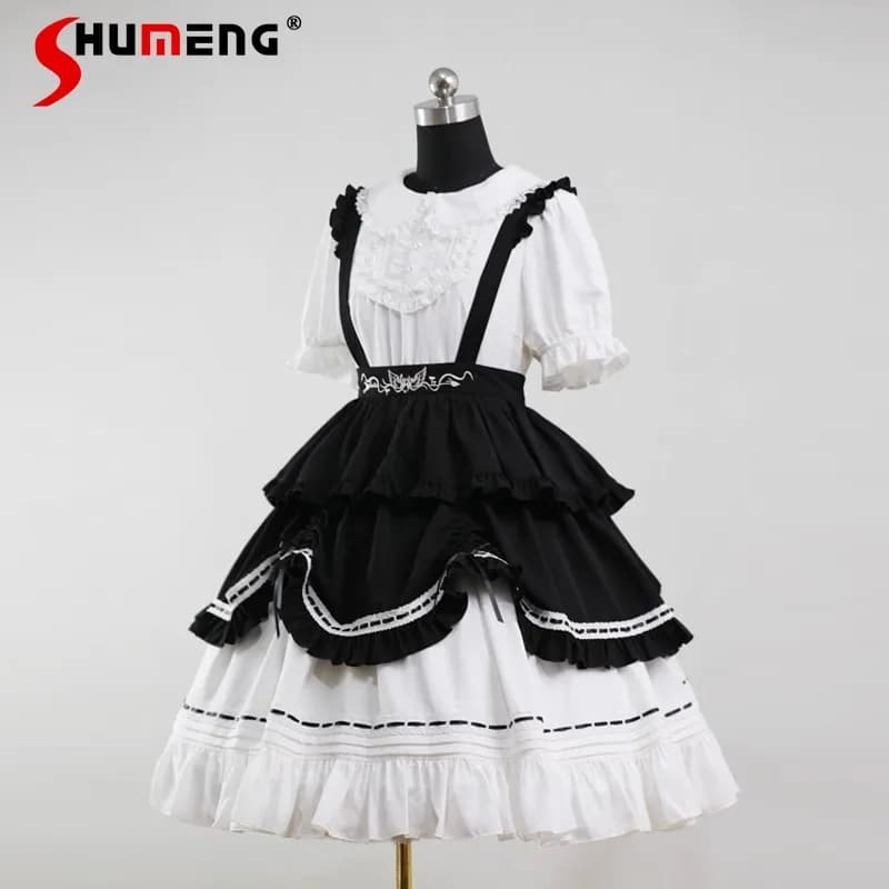 Japanese Rojita Style Vestidos De Mujer Black White Maid Cloth Original Dark Lolita Dress Detachable Strap Dresses 2 Pieces Sets
