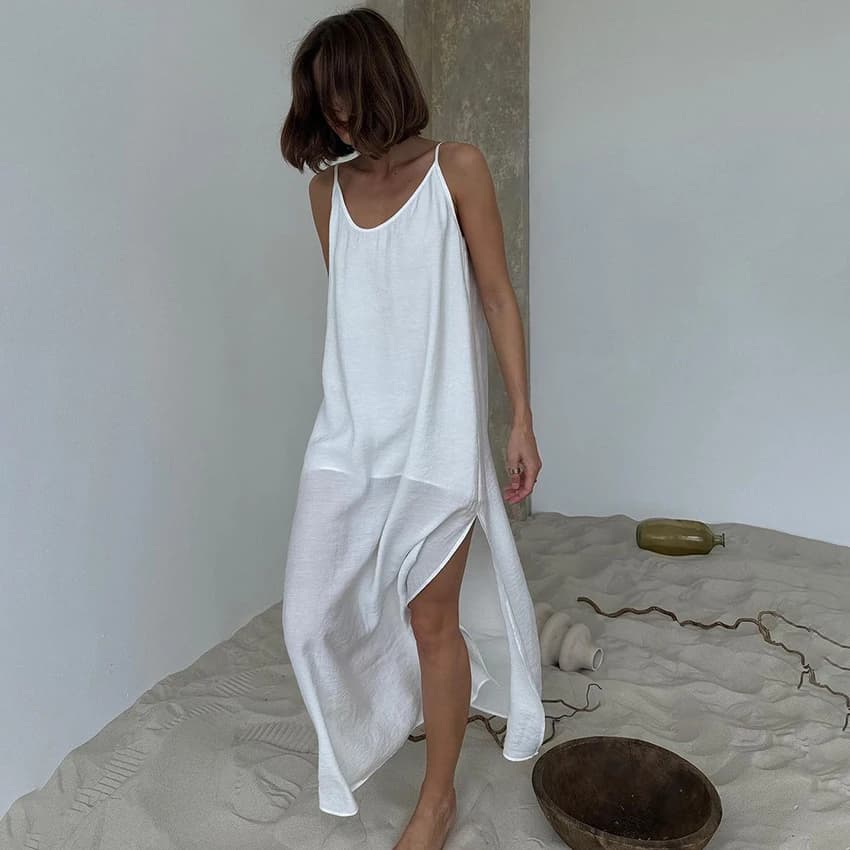 HiLoc Casual Loose White Long Dress Robe 2025 New Summer V Neck Dresses For Women Spring Sleeveless Straight Robes Nightgown