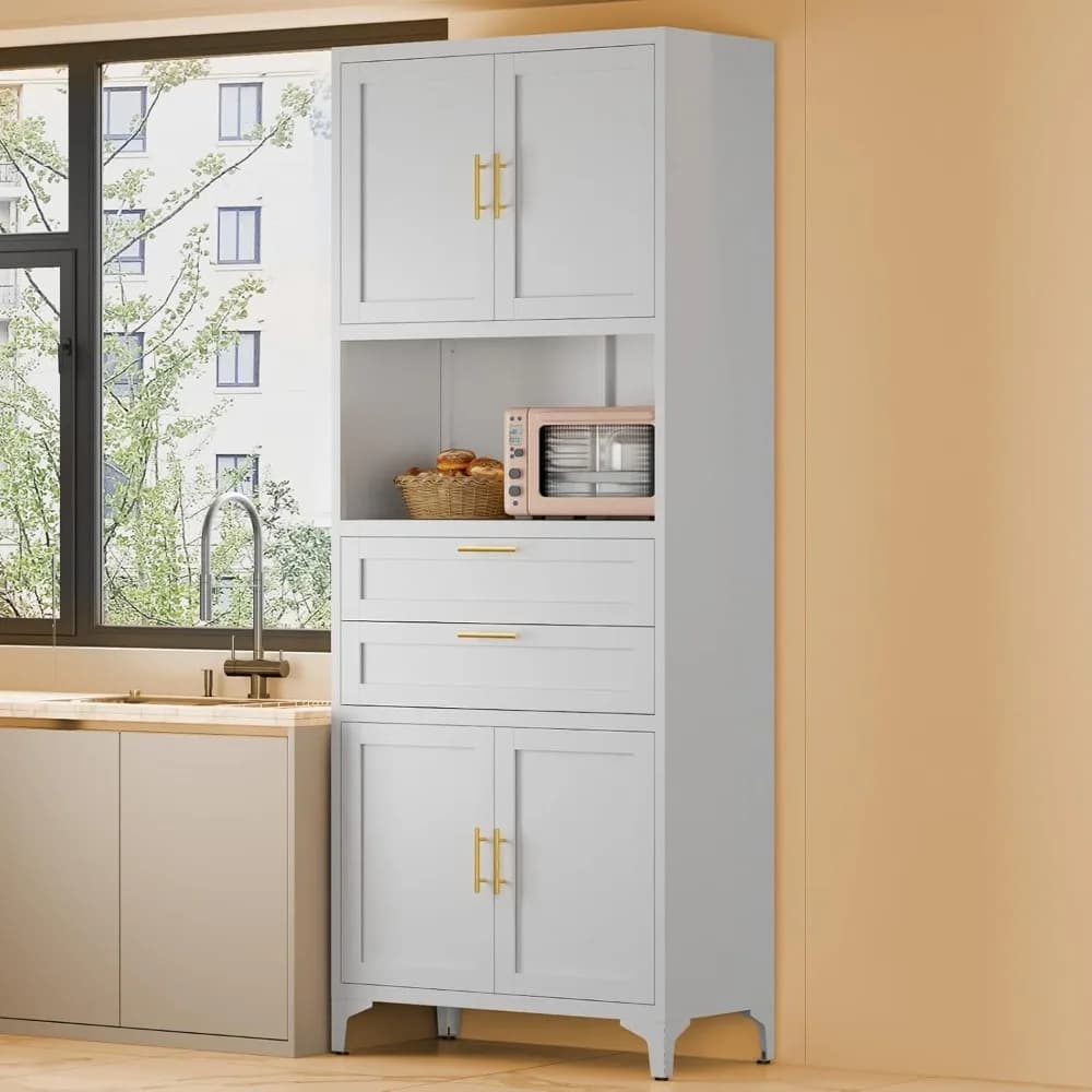 75" Tall Metal Storage Cabinet,Pantry Storage Cabinet with 2 Drawers and Open Space,Kitchen Cupboard with Adjustable Shelves