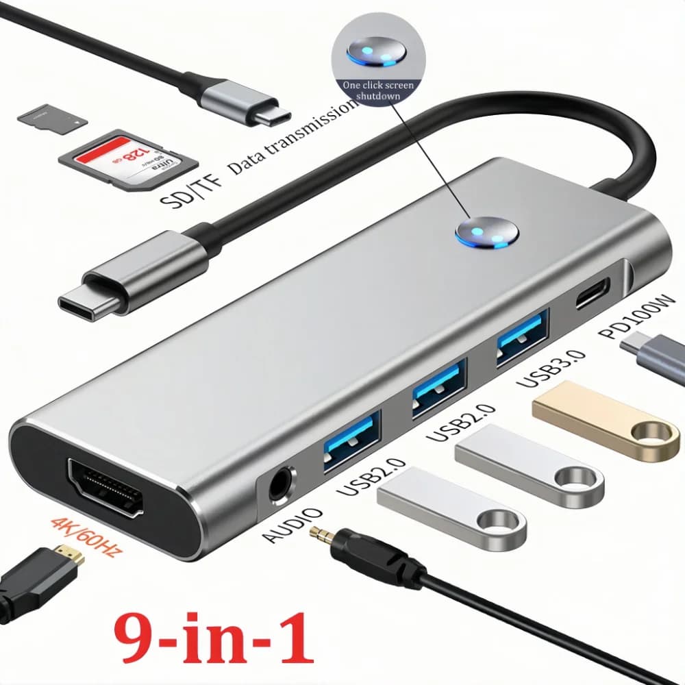 USB C Hub 9 in 1 Type C 3.0 Adapter to 4K HDMI SD TF Card PD Fast Charge Splitter Docking Station Hub for Phone MacBook Computer