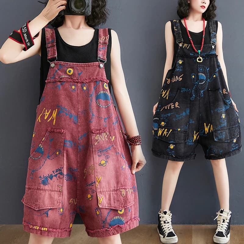 #1415 Black Red Denim Playsuits Women Loose Wide Leg Vintage Playsuits Ladies Big Pockets Printed Overalls For Women Summer 2023