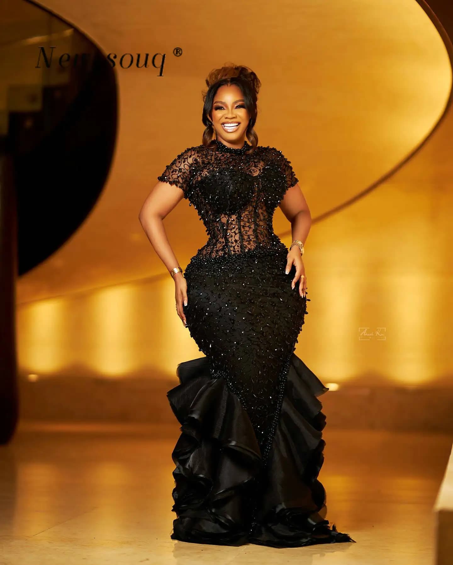 African Nigerican Black Pearls Beaded Long Mermaid Evening Dresses Aso Ebi Plus Size Sexy Sheer Bodice Ruffles Prom Party Gowns