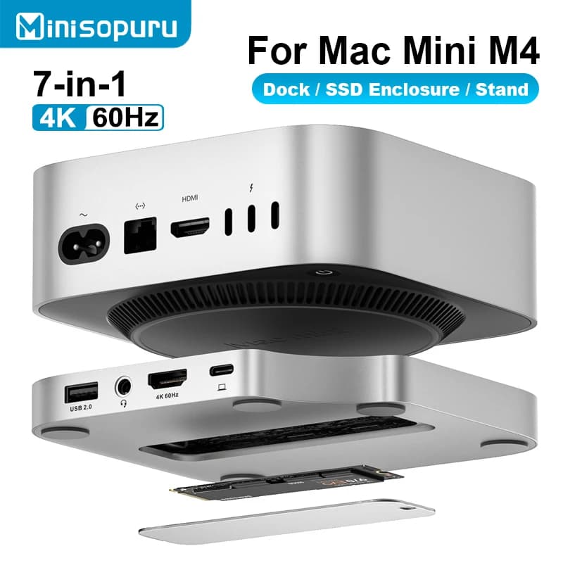 Minisopuru Mac Mini M4 Hub Dock Stand With M.2 SSD Enclosure 4K60Hz HDMI SD/TF USB C HUB Docking Station for Mac Mini M4/M4 Pro