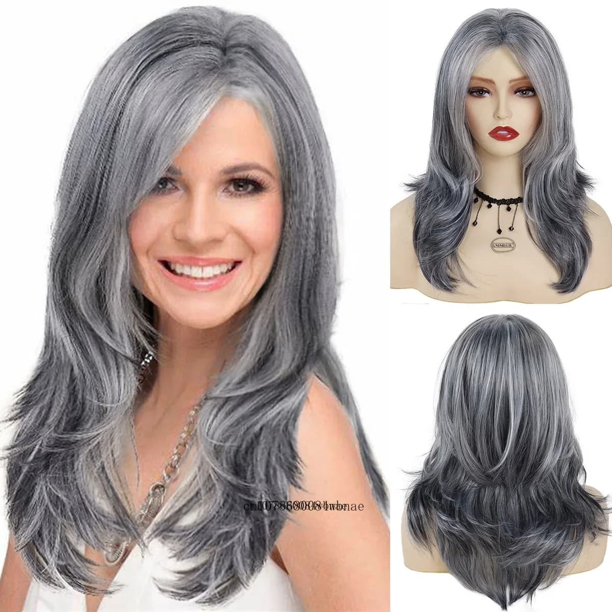Grey Layered Long Synthetic Wigs with Bangs Silver Gray Wavy for Women Salt and Pepper Natural Looking Daily Use Heat Resistant