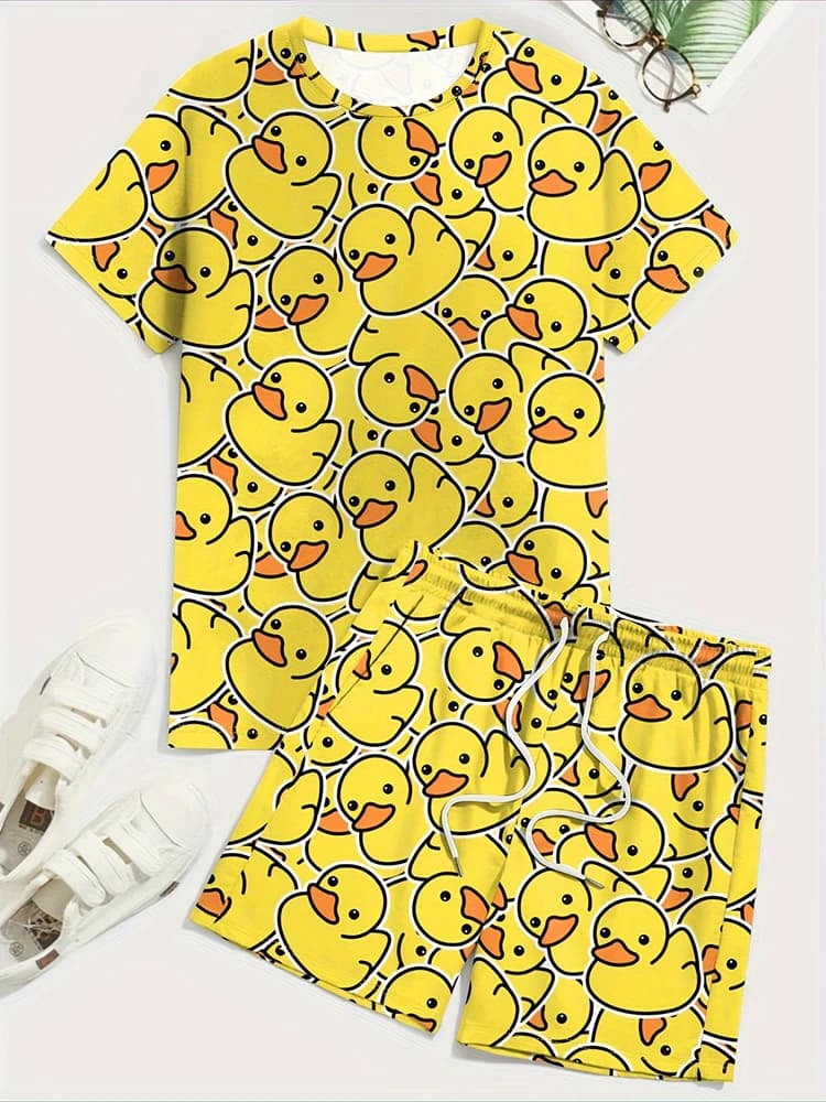 Men's Casual Outfit Set Yellow Duck Print Men's T-shirt & Beach Shorts Set Summer Short-sleeved Street Fashion Sports Shorts