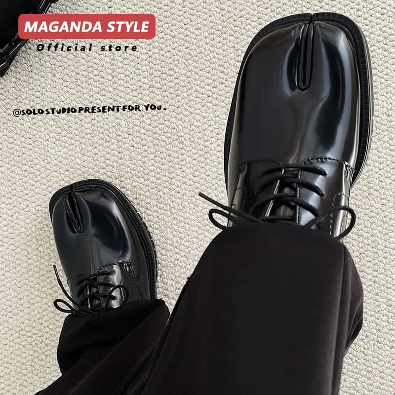 Maganda Tabi Leather Loafers Shoes Men Women Split Toe Derby Shoes Lace Up Black Flats Designer Chunky Genuine Leather
