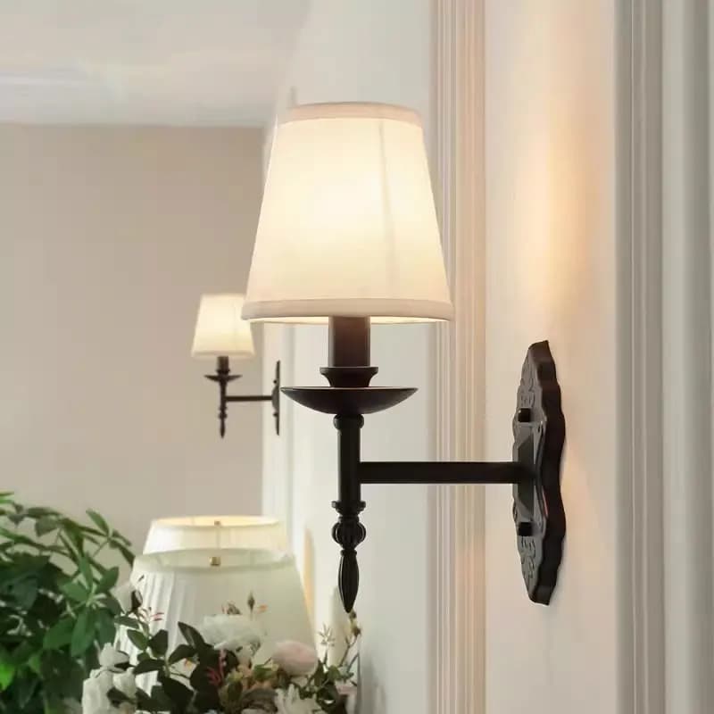 American Black Iron Wall Lamp American Rural Living Room Hotel European Study E14 Fabric Bedroom Bedside Wall Light Sconce