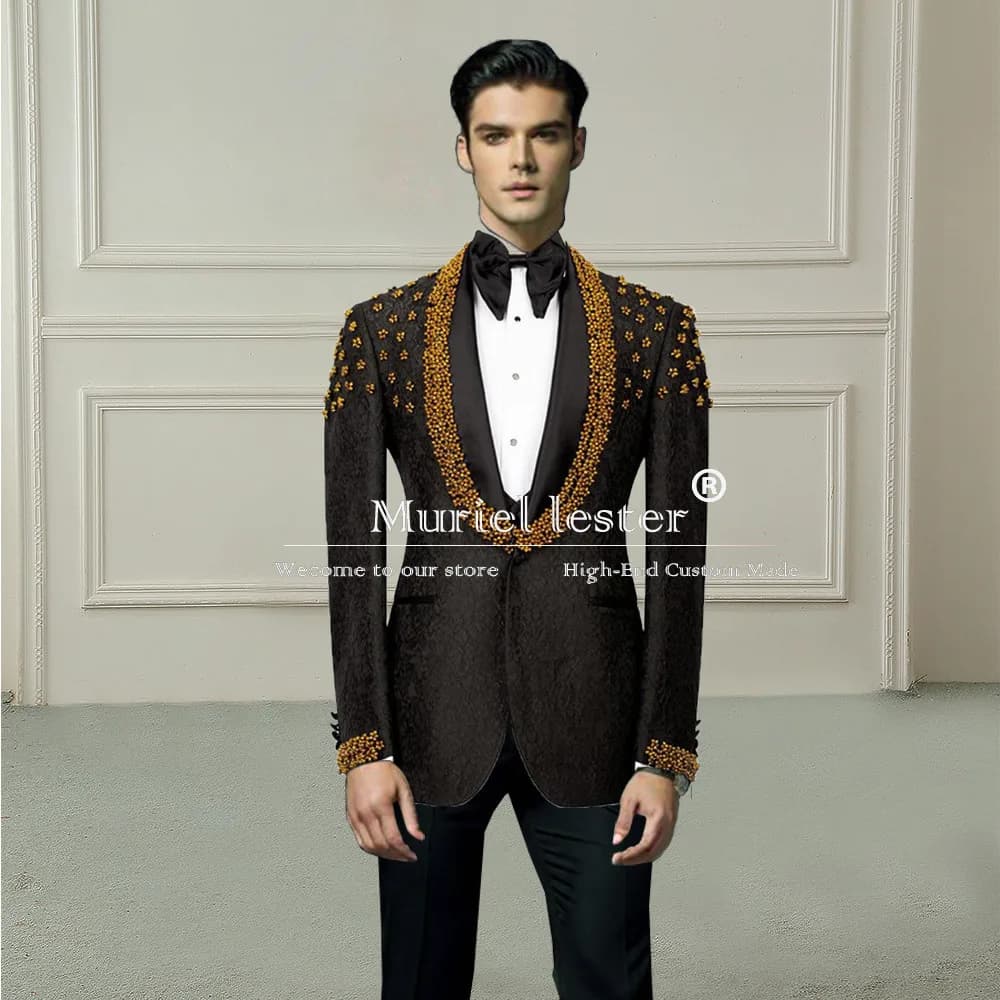 Luxury Groom Wedding Suits Slim Fit Gold Pearls Lapel Floral Pattern Blazer Formal Banquet 3 Piece Evening Men's Party Tuxedos