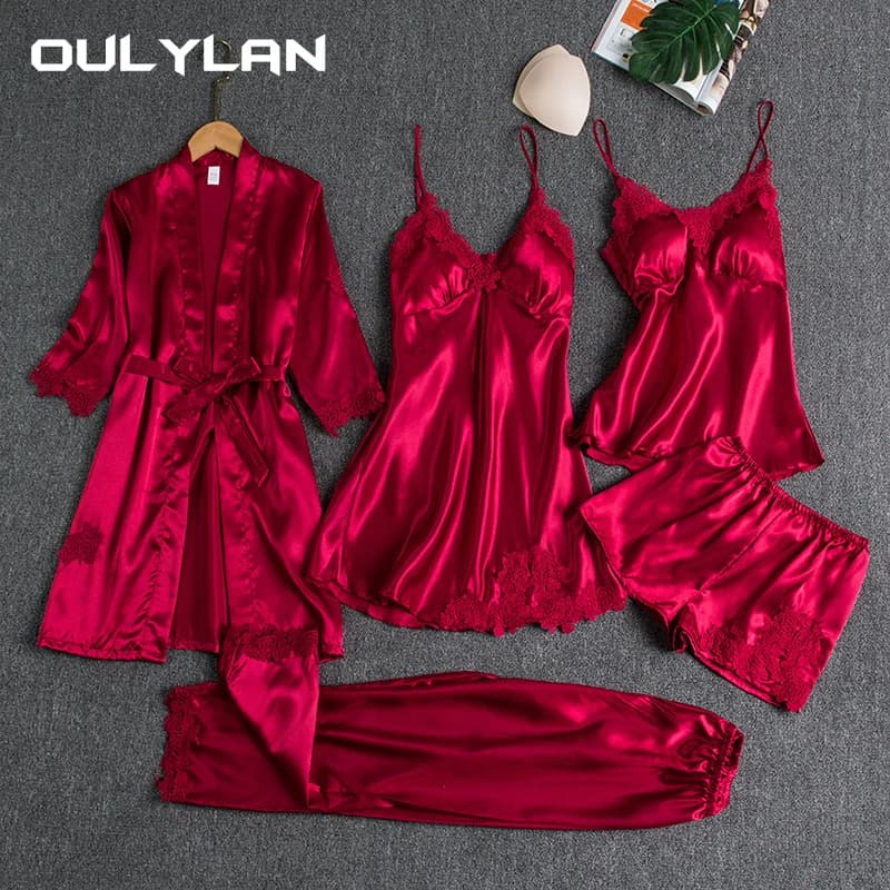 5PC Silk Robe Sleep Suit Womens Lace Satin Pajamas Gown Set V-Neck Cami Nighties Wear Pijama Home Nightwear Spring Nightdress