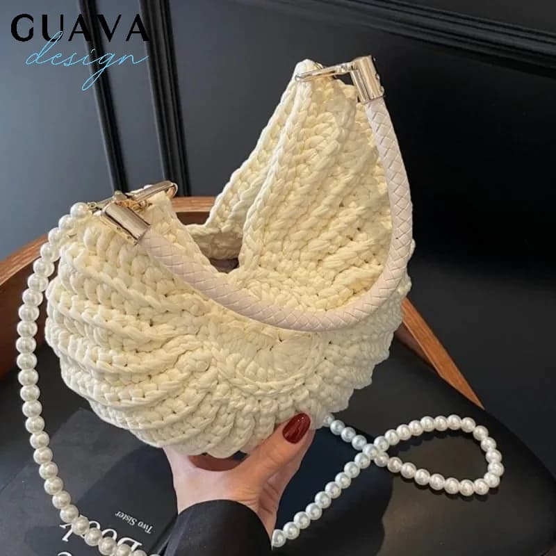 Creative Conch Shaped Crochet Women Shoulde Bags Funny Cute Pearls Chains Handmade Weave Crossbody Bag Novelty Small Handbags