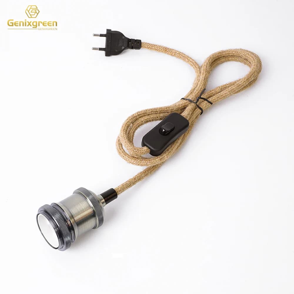 Genixgreen E27 Lamp Base Power Cord EU Plug Hemp Rope 2Meter Electrical Wire Lampholder Copper Socket Retro ON/OFF Switch Cable