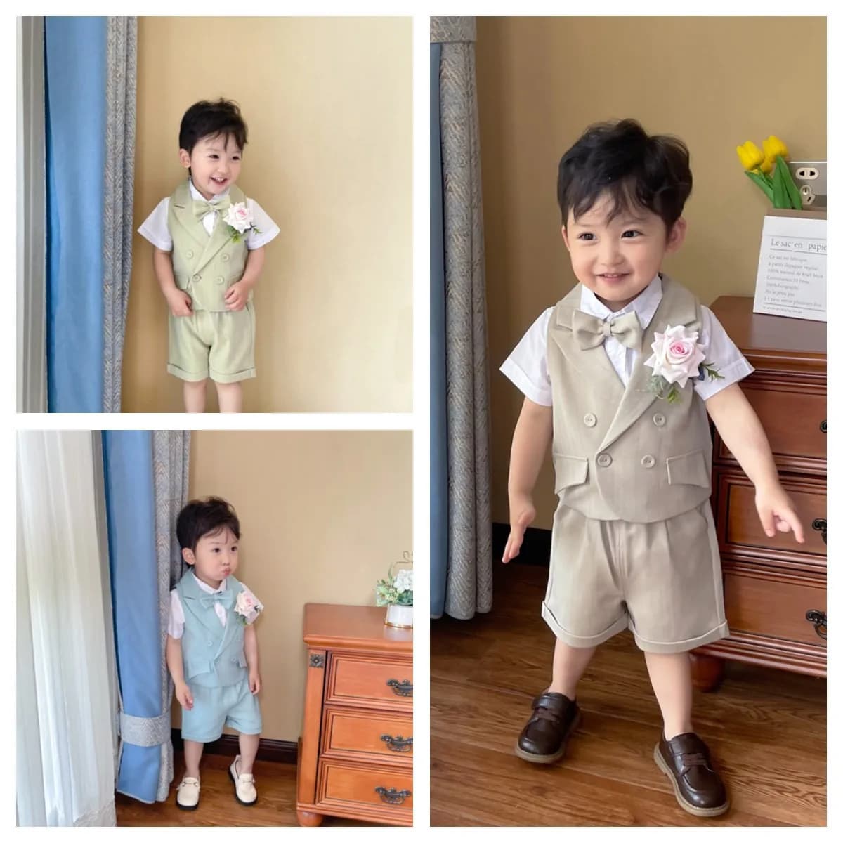 Boys Summer Breathable 1Year Birthday Dress Kids Soft Cool Vest Shirt Short Bowtie Photography Suit Children Performance Costume