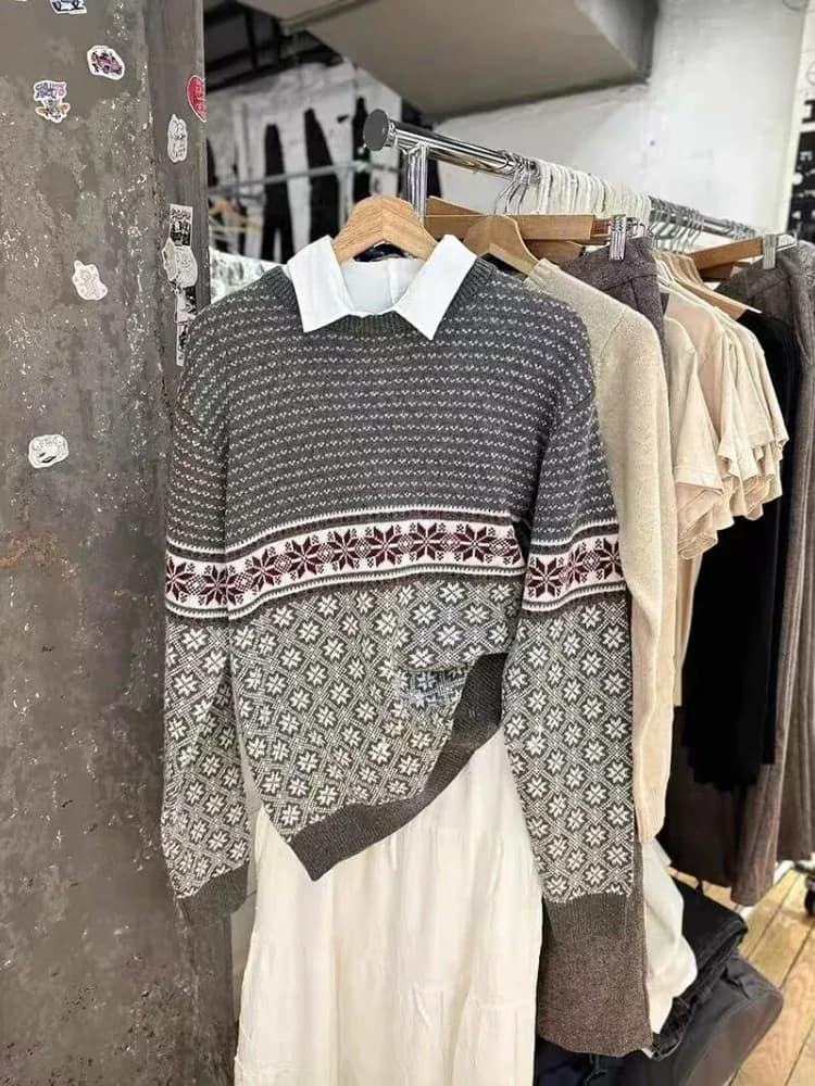 Vintage Snowflake Knit for Women 2024 Autumn Versatile Skinny Sweater for Female Jacquard  crewneck Pullover Top for Ladies