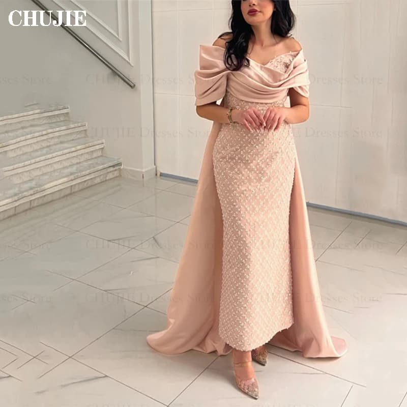 Elegant Saudi Araba Dubai Off Shoulder Formal Evening Prom Dresses Floor Length Sequin Short Sleeves Prom Parry Gowns حزب اللباس